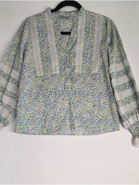 The Shirt by Rochelle Behrens Blue, Yellow, and Cream Floral V-Neck Blouse